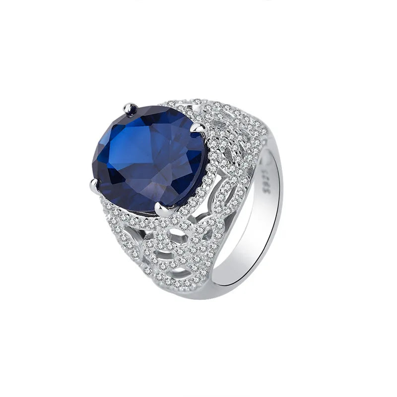 Sterling Silver Full Diamond Tanzanian Blue, Pigeon Blood Red Treasure Ring for Women