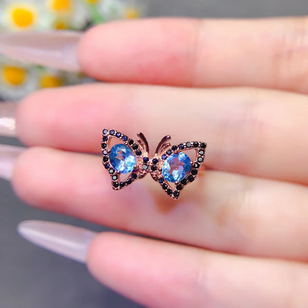 Sterling Silver Natural Topaz Butterfly Ring for Women