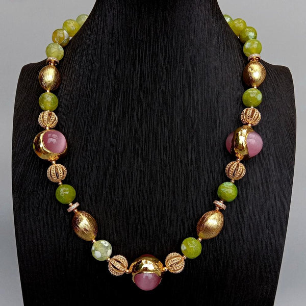 Y.YING Green Agate Pink Cat Eye Necklace Collar Choker Necklaces Jewelry