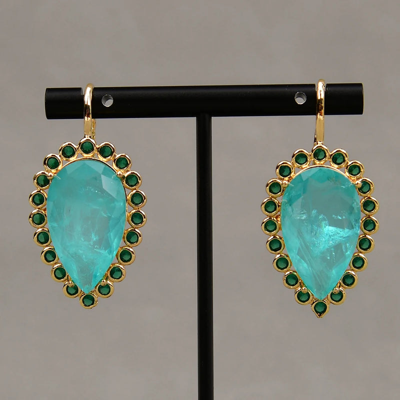 Gold Plated Green Quartz & Zircon Crystal Dangle Earrings For Lady