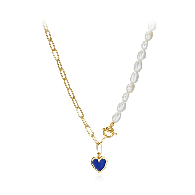 Silver Gold Plated Copal & Pearl Heart Pendant Necklace for Women