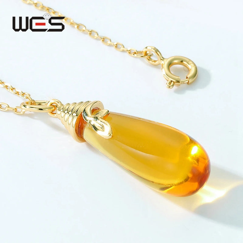 Gold Plated Synthetic Citrine Teardrop Pendant Necklace for Woman