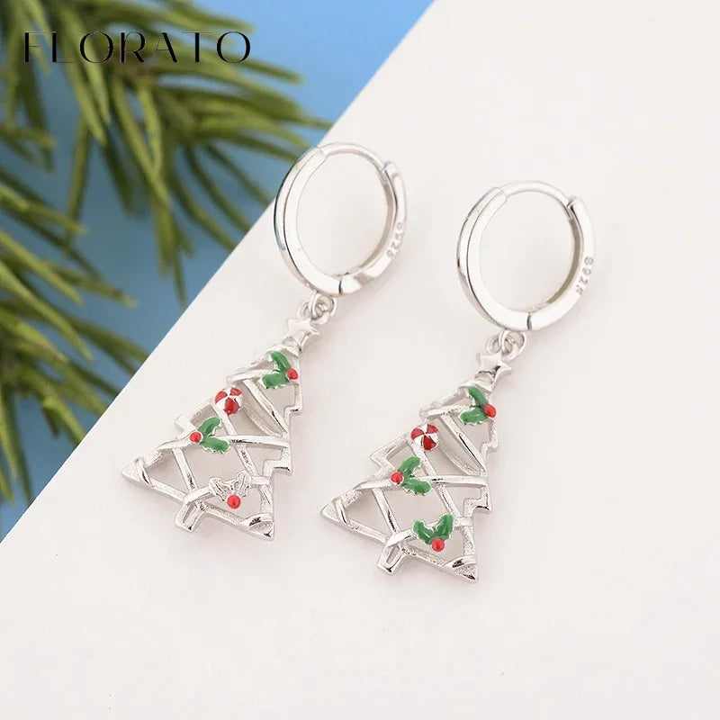 Sterling Silver Christmas Tree/Santa/Snowflake Pendant Hoop Earrings for Women