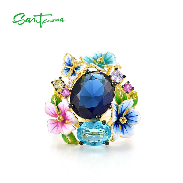 925 Sterling Silver Colorful Enamel Flower Ring for Women