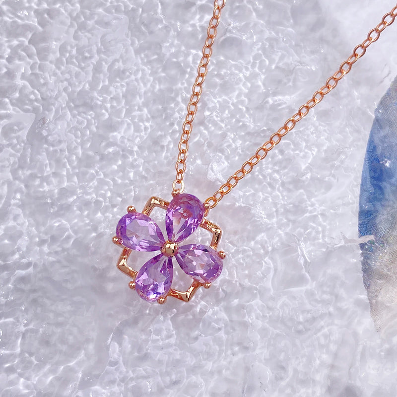 18k Rose Gold Plated Amethyst Geometric Flower Pendant Necklace for Women