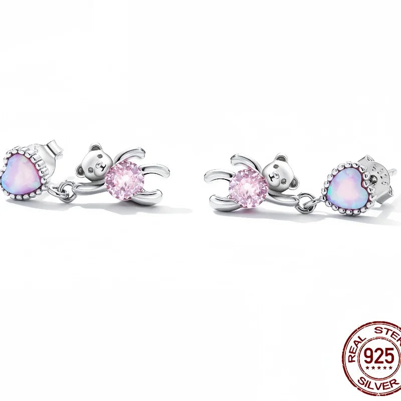 Silver Opal Heart Bear Stud Earrings for Women