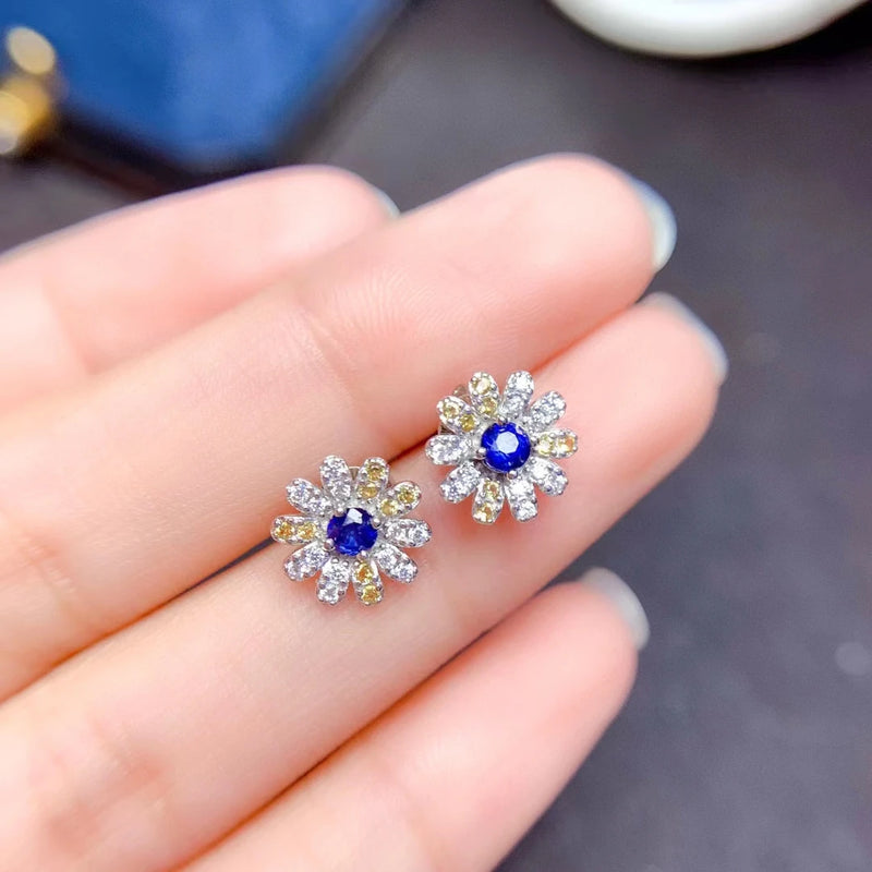 925 Sterling Silver Natural Sapphire Flower Stud Earrings for Women