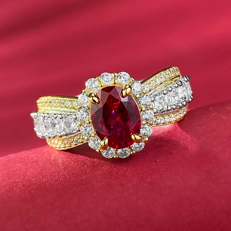 18K Gold Plated Sterling Silver Oval Ruby and Diamond Ring for Women