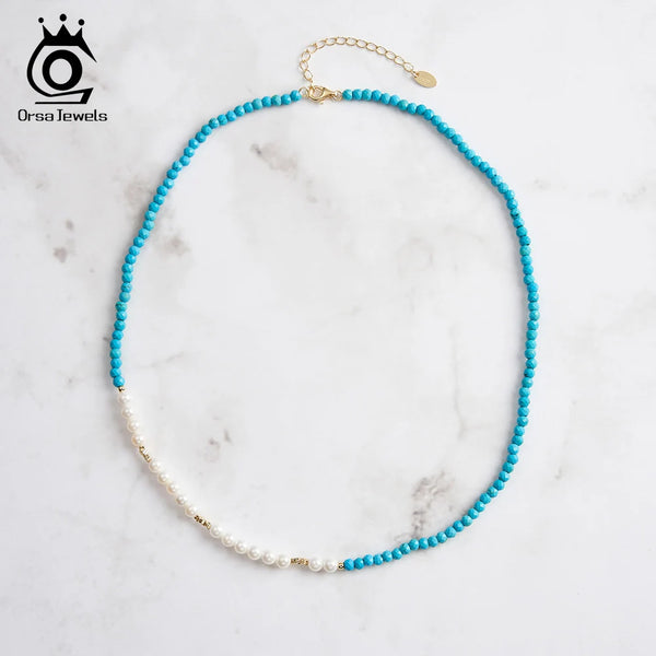 14K Gold Turquoise & Shell Pearl Chain Necklace for Women