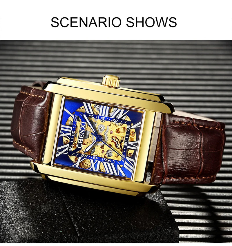 Gold Automatic Skeleton Tourbillon Mechanical Wristwatch for Men