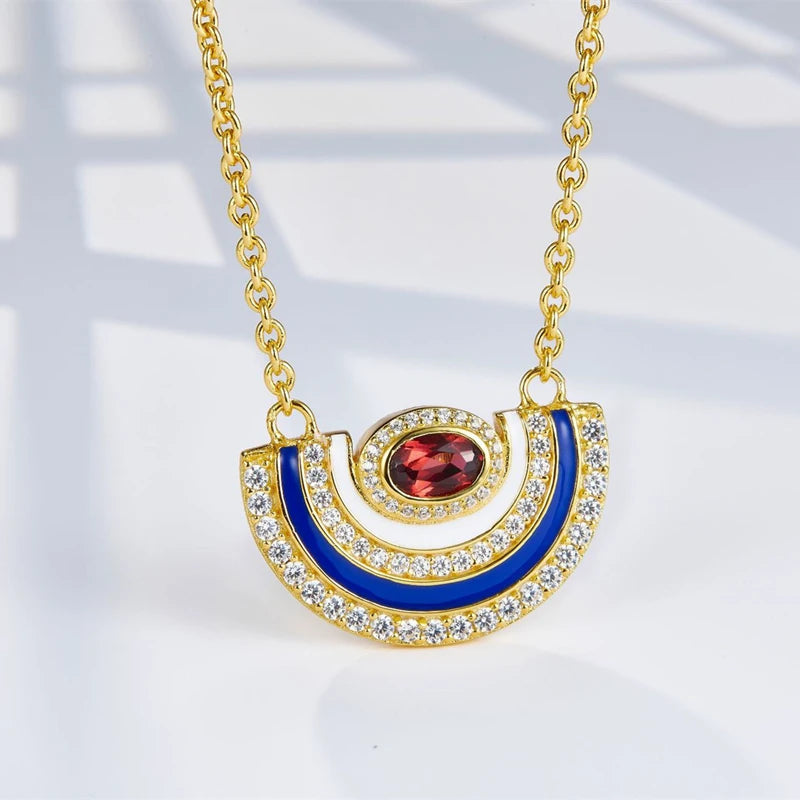 Silver Gold Plated Red Garnet Pendant Necklace with Zircon for Women