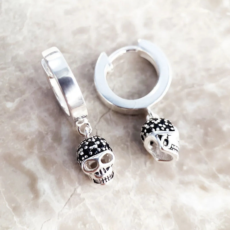 925 Sterling Silver Hinged Hoop Skull Earrings Pave for Women