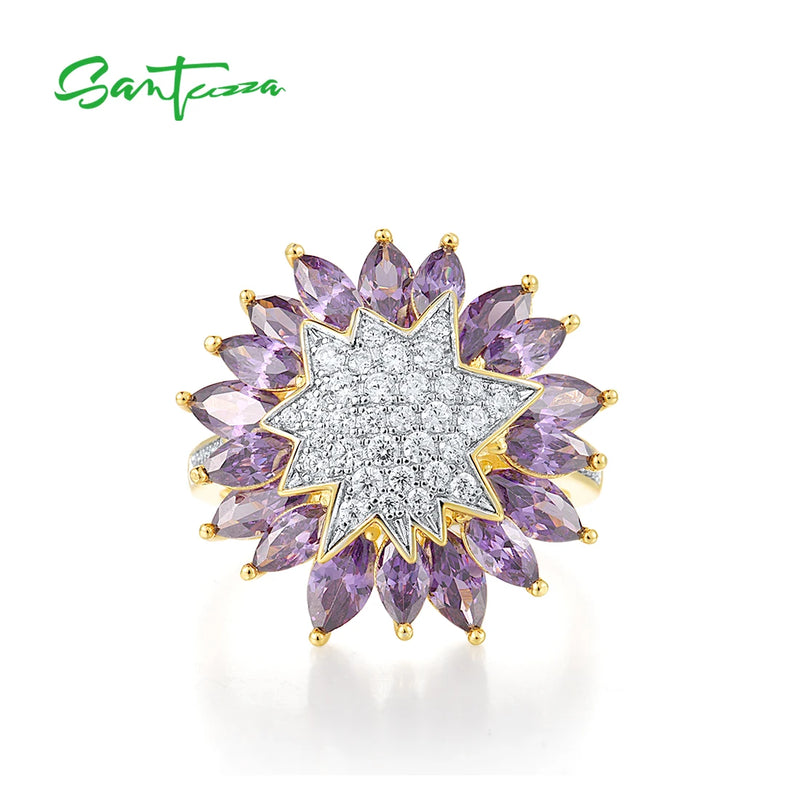 Sterling Silver Purple Sunflower Ring with Cubic Zirconia for Women