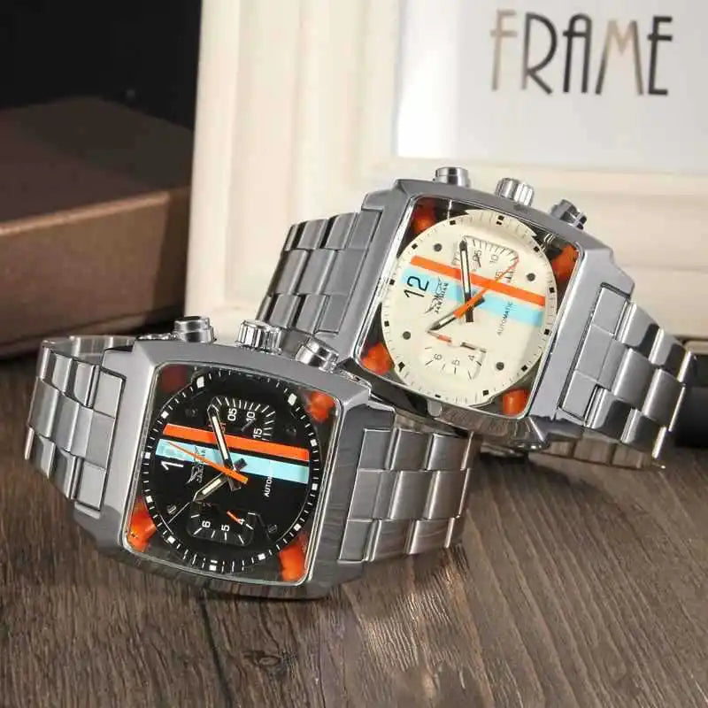 Stainless Steel Square Automatic Mechanical Watch with Date and Week for Men