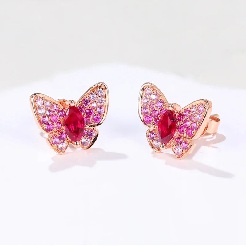 18K Rose Gold Ruby and Sapphire Butterfly Earrings for Women