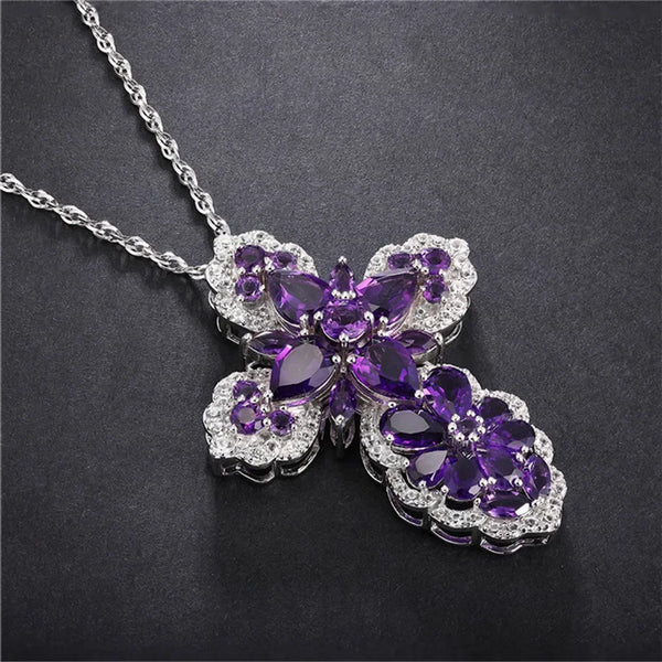 925 Sterling Silver Amethyst Gem Cross Pendant on Sweater Chain for Women