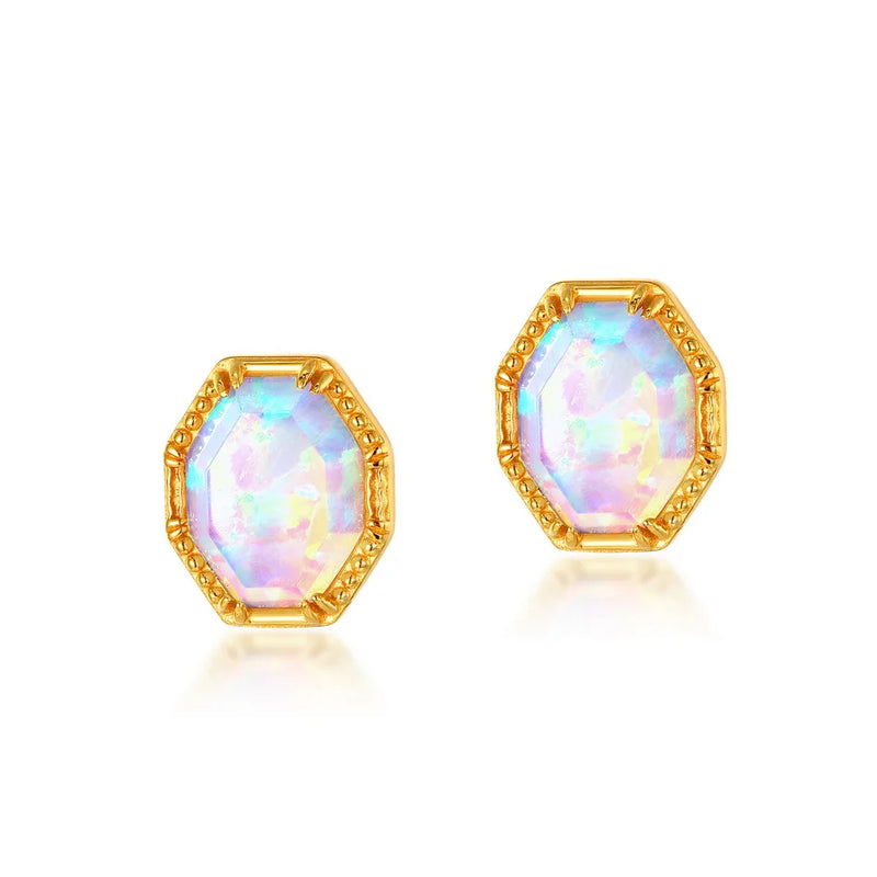 Sterling Silver Synthetic Opal Stud Earrings for Women 7x9mm Gold Plated