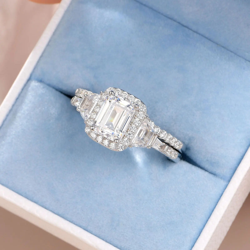 925 Sterling Silver AA Cubic Zircon Emerald Cut Bridal Set for Her