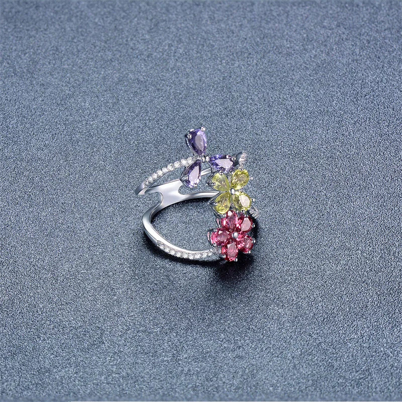 925 Sterling Silver Natural Garnet & Peridot Multi Gemstone Flower Ring for Women