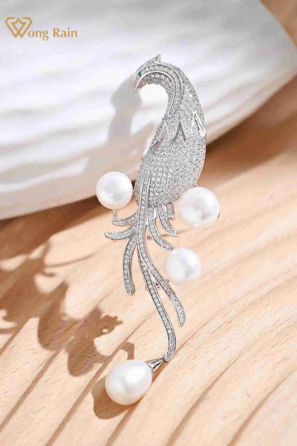 925 Sterling Silver Freshwater Pearl Diamond Bird Brooches for Women