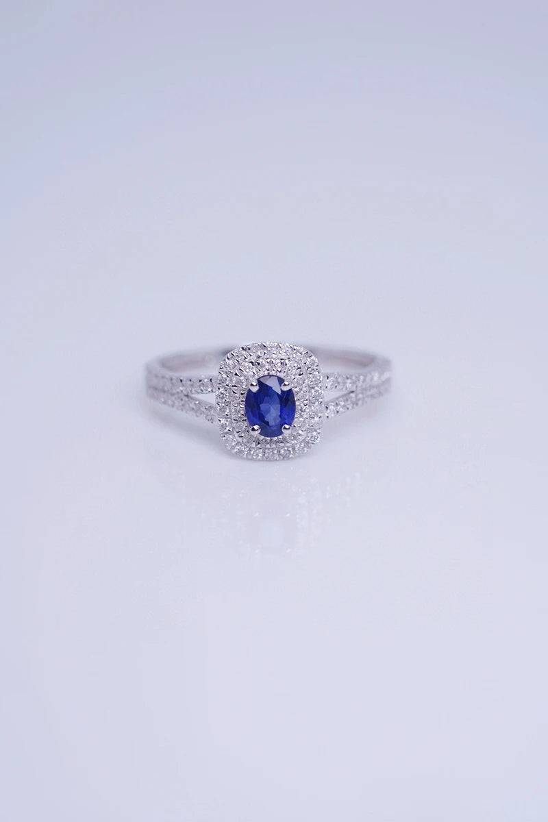 18K White Gold Natural Diamond Natural Sapphire Square Ring for Women