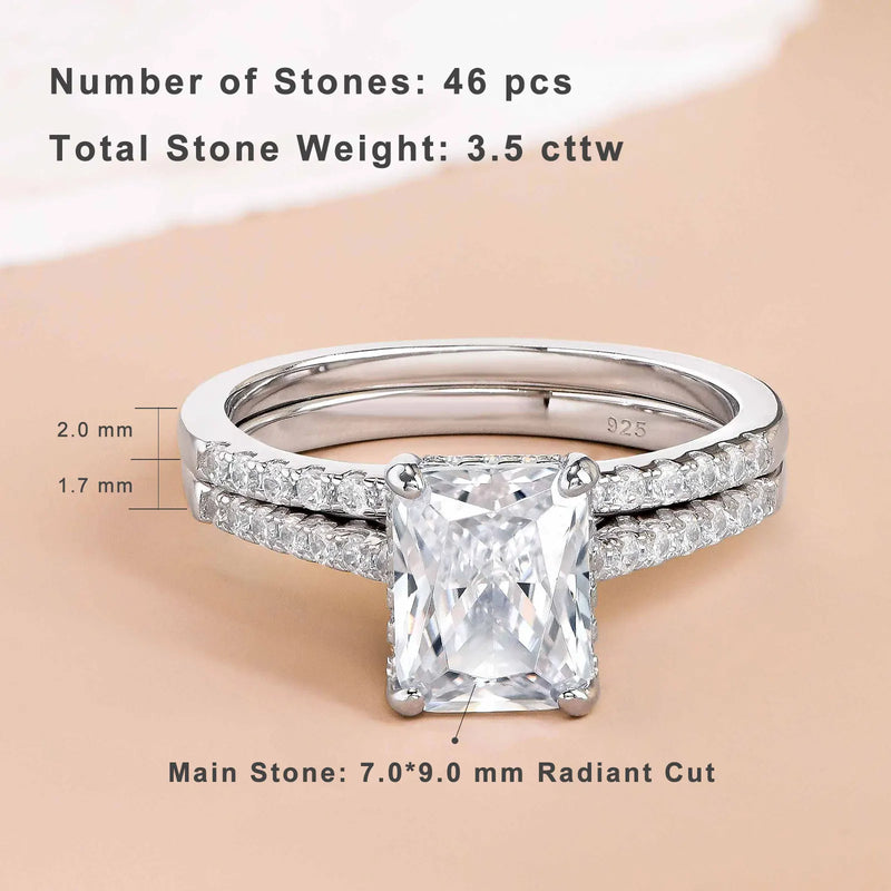 925 Silver Radiant Cut CZ Diamond Wedding Ring Set for Women