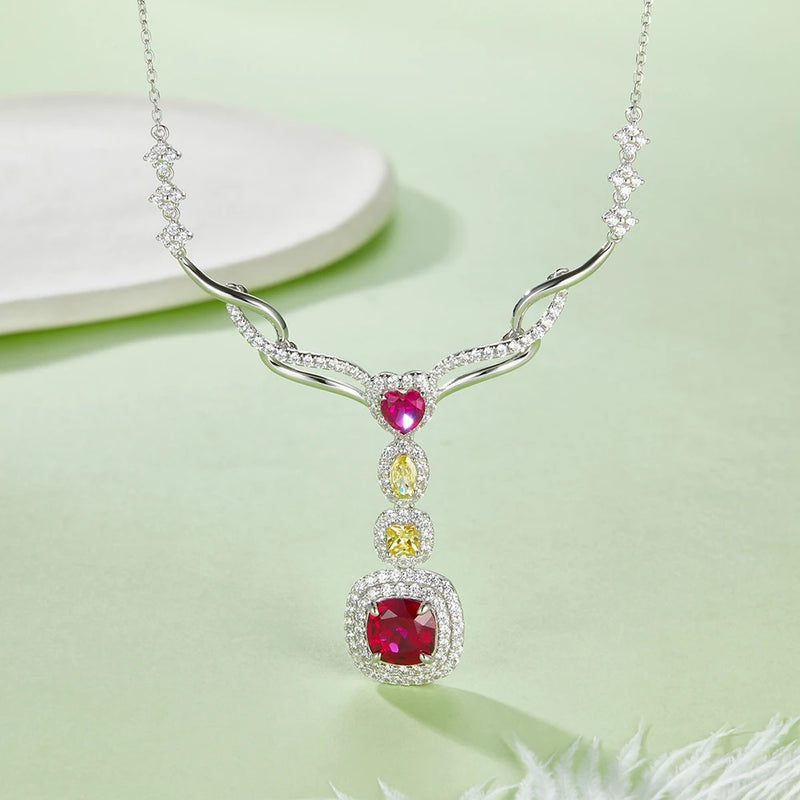 925 Sterling Silver Sapphire Ruby Diamond Pendant Necklace for Women