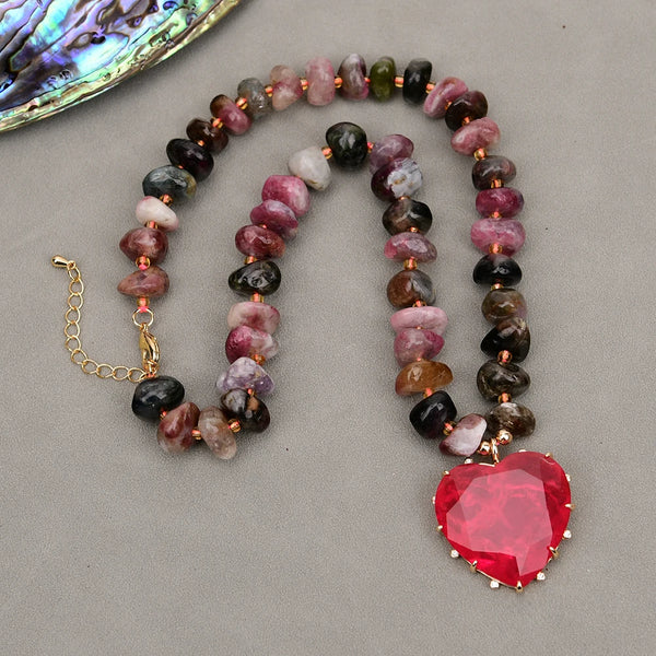 Sterling Silver Red Tourmaline Nuggets Choker Necklace with Red Quartz Heart Pendant for Women