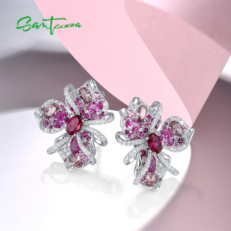 925 Sterling Silver Created Ruby & Sapphire Lily Flower Earrings for Women