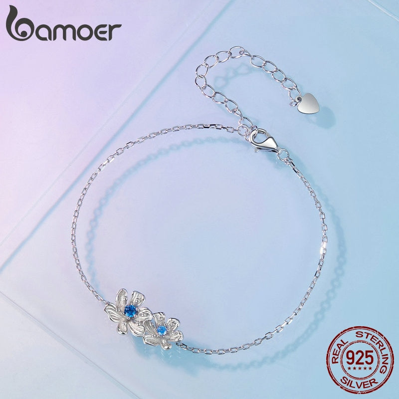 925 Sterling Silver Blue Zircon Flower Bracelet for Women