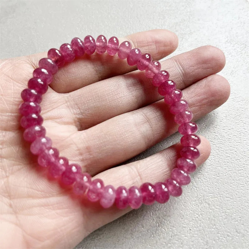 Sterling Silver Oval Pink Red Rubellite Bracelet, 8MM Beads, Beaded Hand Chain for Women