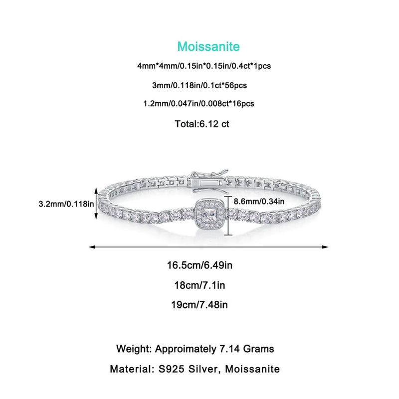 925 Sterling Silver Moissanite Diamonds Tennis Chain Bracelet for Women