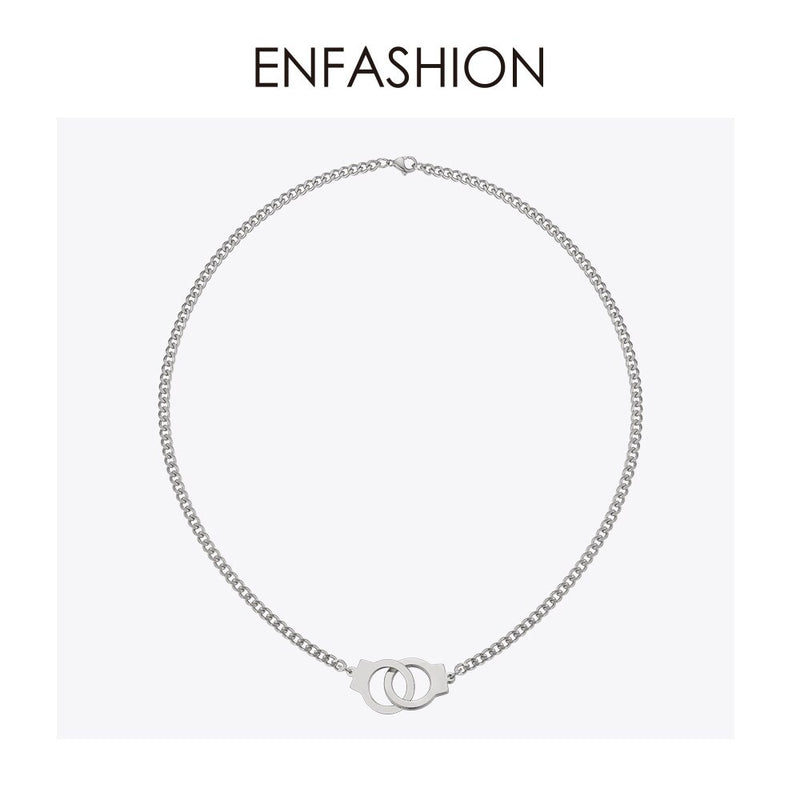 ENFASHION Punk Handcuffs Pendant Necklace Choker For Women Stainless Steel Link Chain Necklace Fashion Femme Jewelry Gifts P3013