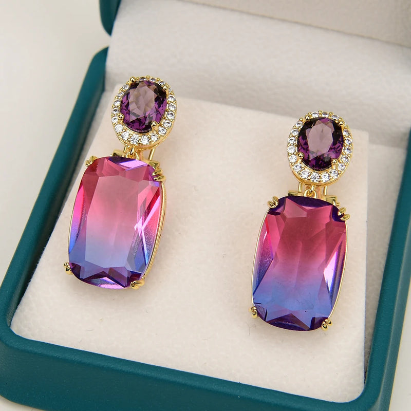 Gold Plated Natural Gradient Red Purple Crystal Rectangle Zircon Stud Earrings for Women