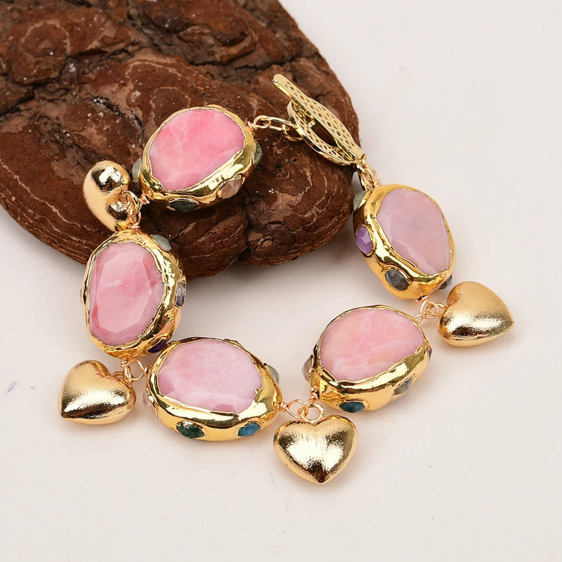 Gold Plated Multi Quartz Rhodochrosite Heart Charms Bracelet for Women