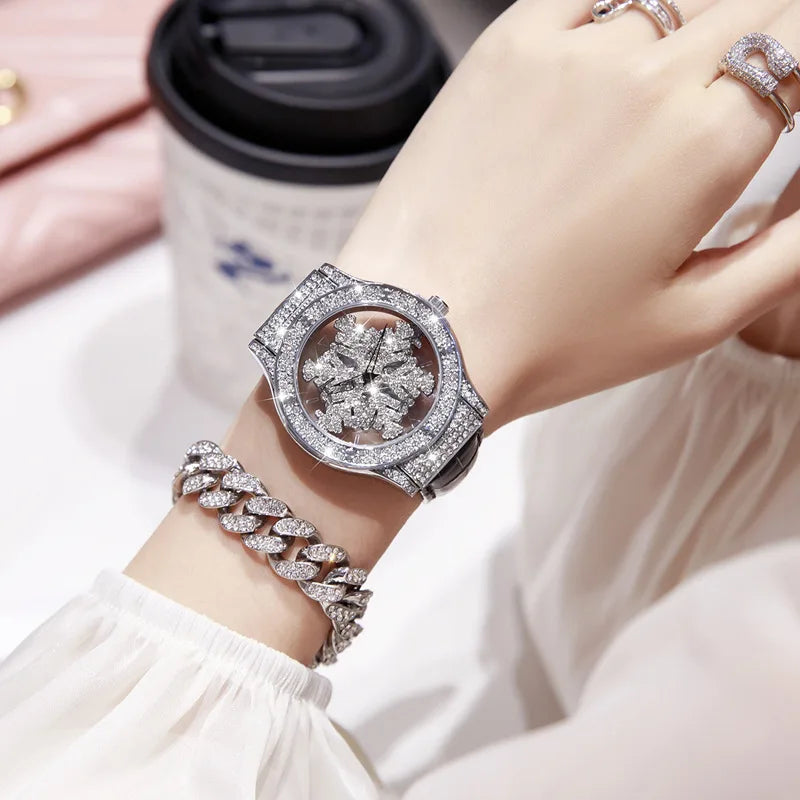 Silver Leather Snowflake Hollow Diamond Watch for Women