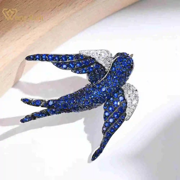 Sterling Silver Sapphire Created Diamond Bird Brooch for Women