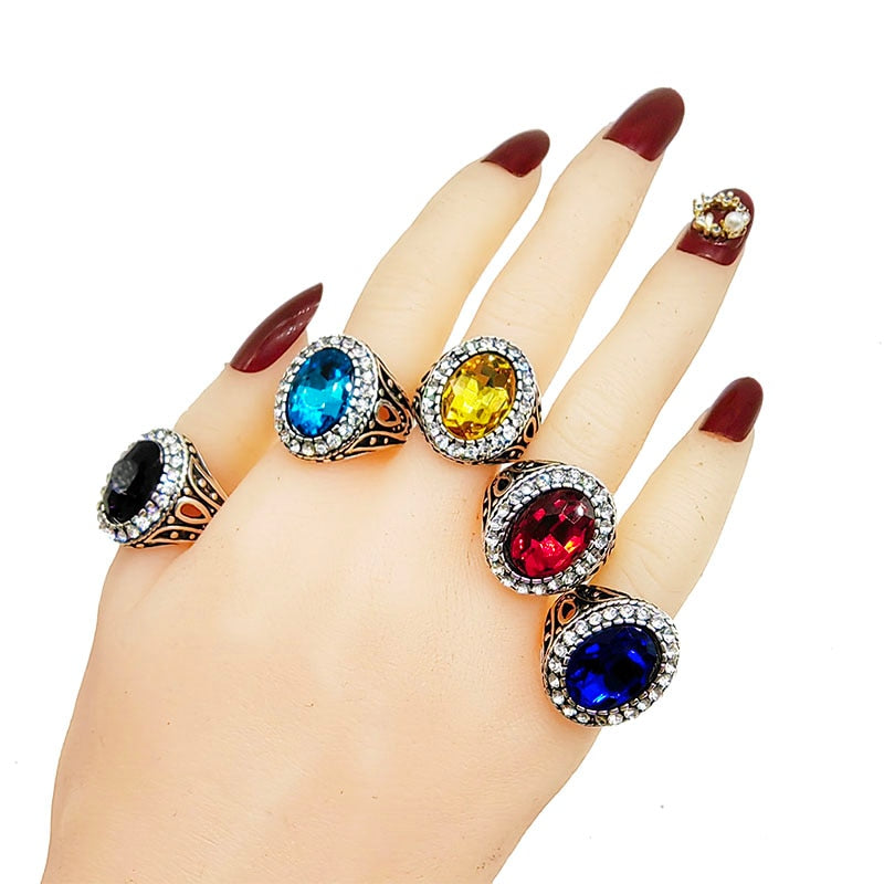 20pcs/Lot Hot Big Carved Black Paint Wide Finger Rings For Women Punk Bar Clear Colorful Oval Crystal Wedding Jewelry Party Girl