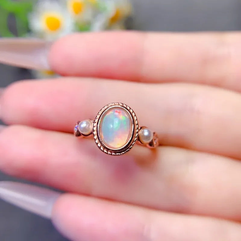 Silver Natural Opal Engagement Ring, 6x8mm, for Her