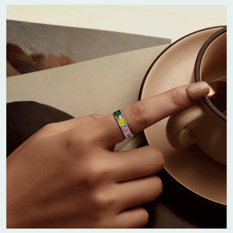 925 Sterling Silver Rainbow Enamel Wide Ring for Women