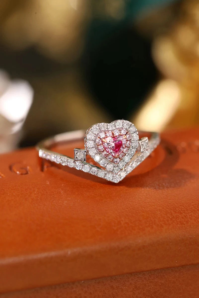 18K White Gold Pink Diamond Heart-Shape Ring for Women