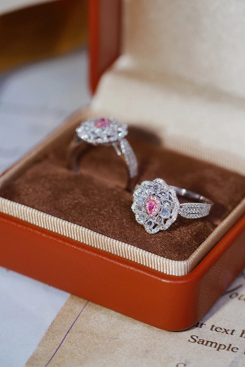 18K White Gold Natural Pink Diamond Flower Engagement Ring for Women