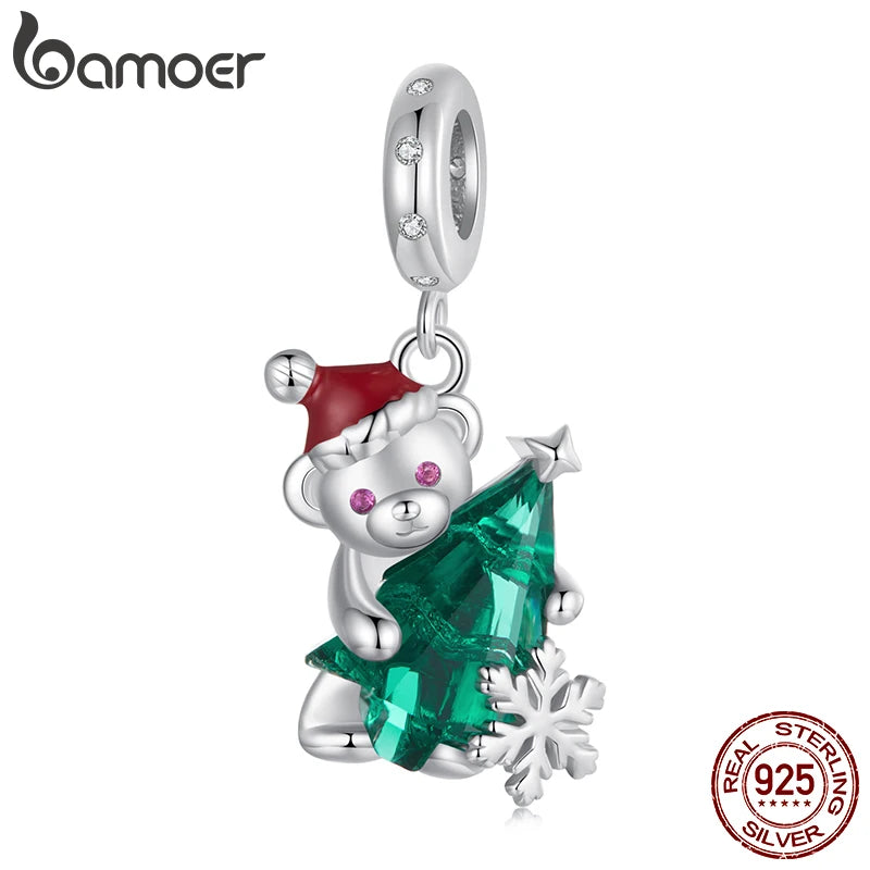 Solid 925 Sterling Silver Christmas Bear Charm Bead for Jewelry Making for Her