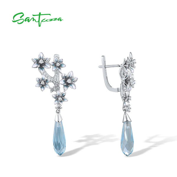 Sterling Silver Blue Stone & CZ Enamel Flower Drop Earrings For Women