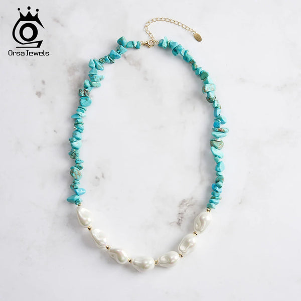 925 Silver Turquoise Baroque Shell Pearl Necklace for Women