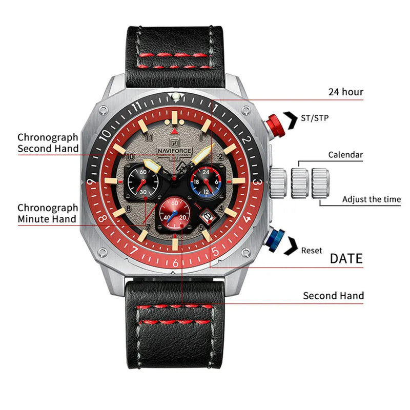 Stainless Steel Black Leather Sports Waterproof Multifunction Square Luminous Quartz Watch for Men