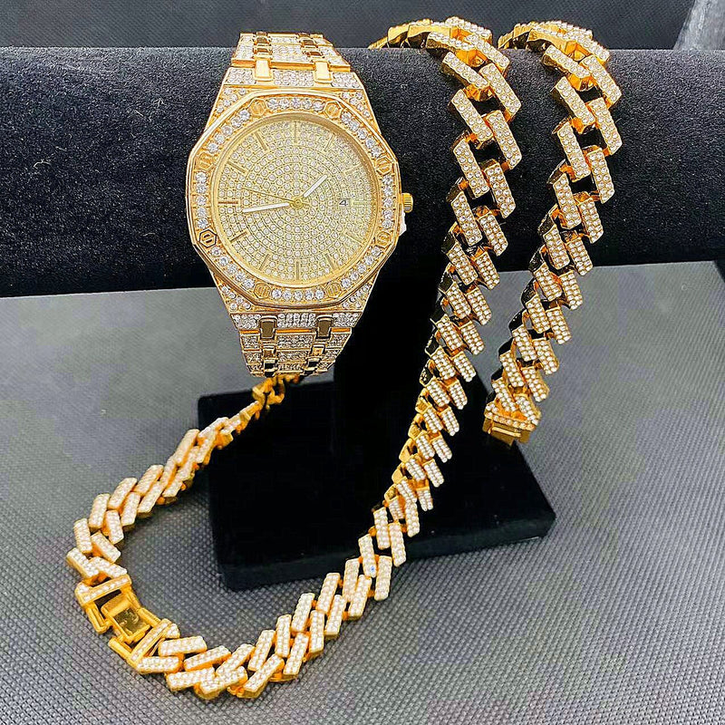 14k Gold Iced Out Diamond Wrist Watch and Chain Set for Men