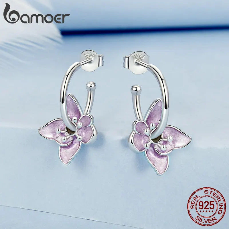 Sterling Silver Purple Flower Hoop Earrings for Women.