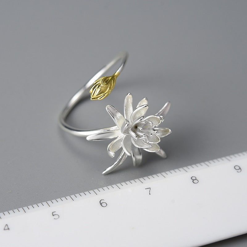 925 Sterling Silver Night-Blooming Cereus Flower Adjustable Ring for Women