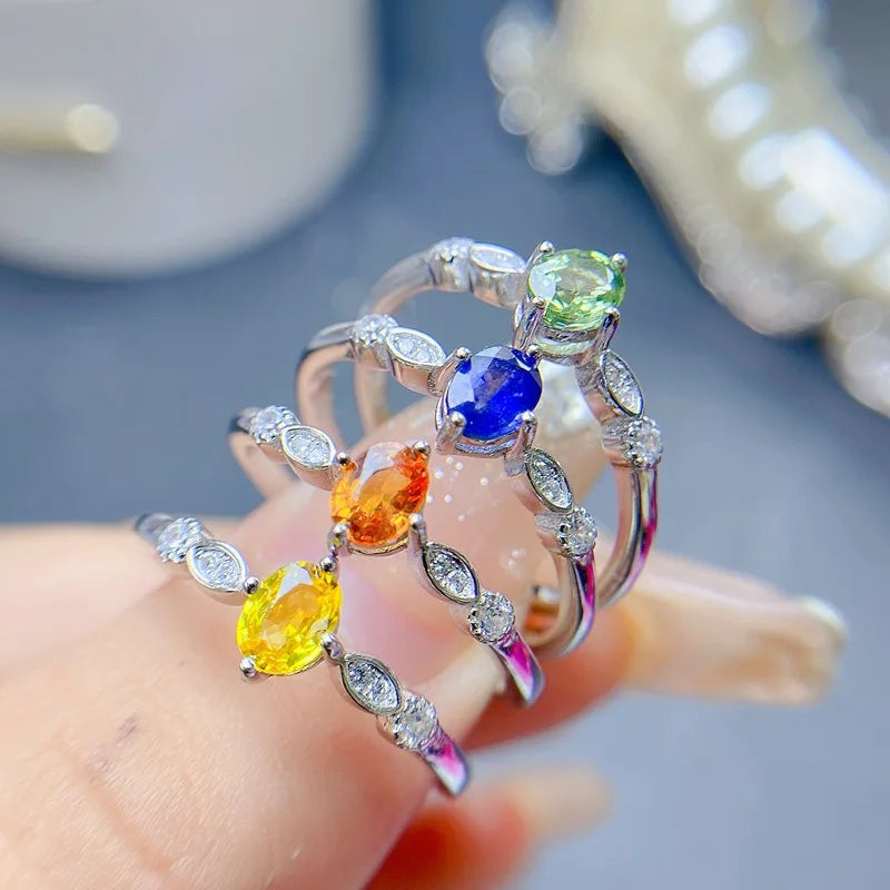 Sterling Silver Natural Yellow Green Blue Sapphire Ring for Women